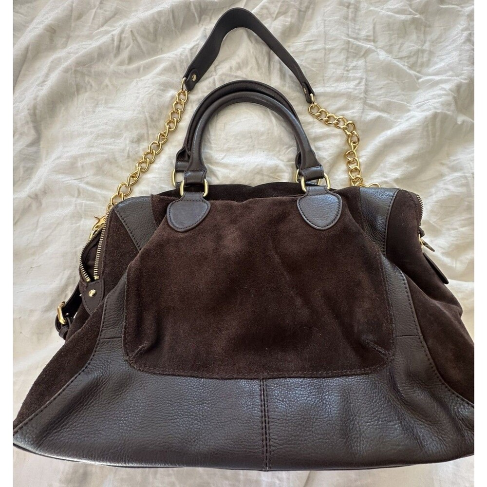 AUDREY BROOKE Brown Suede & Leather Crossbody Satchel Handbag W/ Chain Strap - Picture 4 of 16
